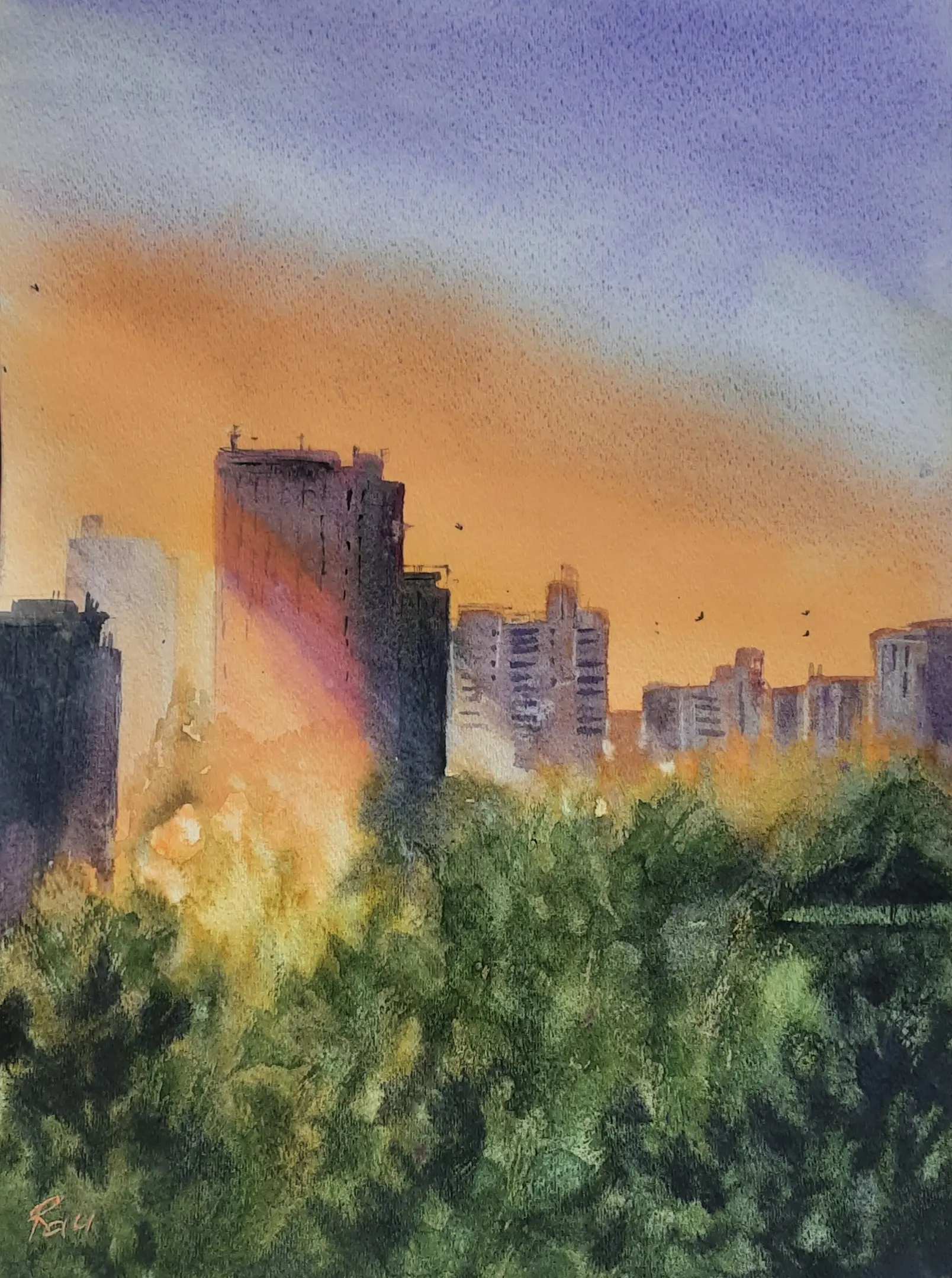 Západ slunce ve městě. akvarel. 26x37